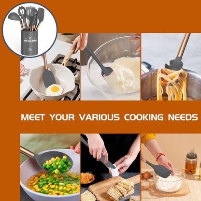 Silicone Cooking Utensil Set, Umite Chef 15pcs Silicone Cooking Kitchen Utensils Set, Non-stick - Best Kitchen Cookware with Stainless Steel Handle - Black Kitchen Utensils