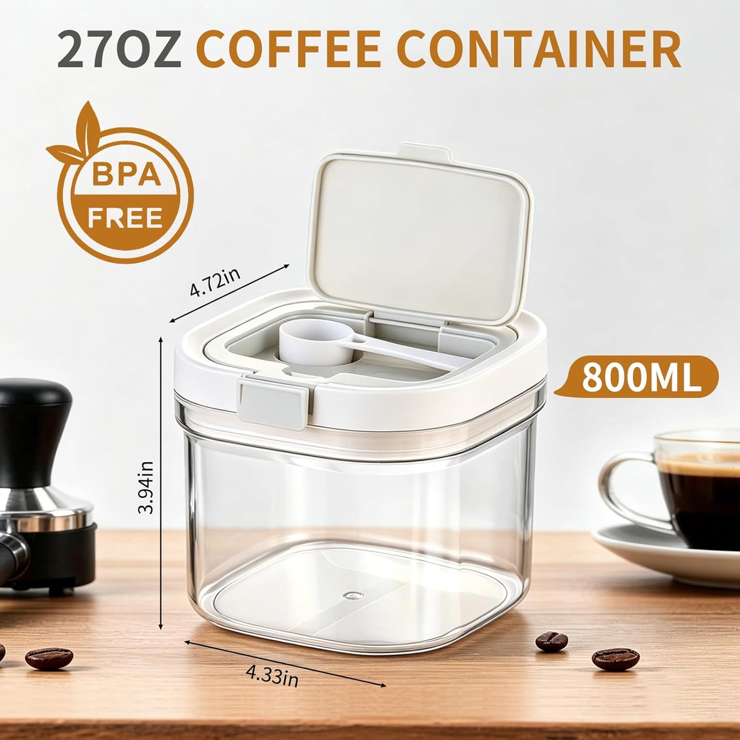 Coffee Container Compatible with Ryze Coffee,Baking Powder Container - 4.7 * 4.7 * 3.9 Inch, Airtight Storage Canister with Scoop,Kitchen Food Storage Soda,Grounds Coffee, Beans, Tea,800ml
