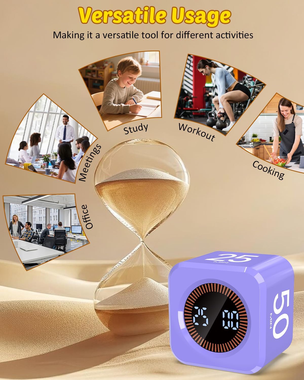 Digital Pomodoro Timer Cube 5/10/25/50min, Visual Productivity Flip Timer for Kids Classroom Desk, Custom Countdown, Silent and Sound Mode for ADHD Study Work Game Kitchen (Orange)