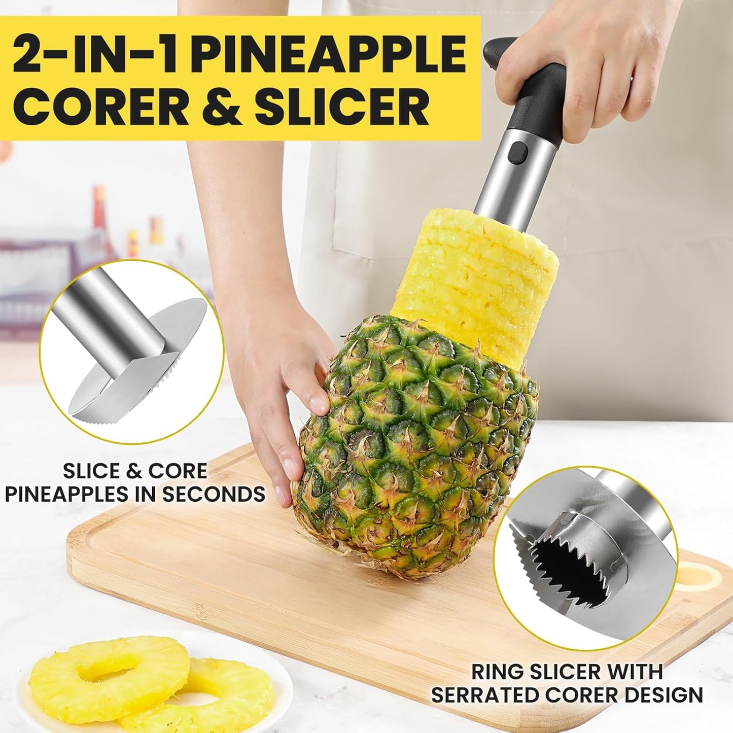 AUBENR Premium Pineapple Corer and Slicer Tool - Sharp Pineapple Cutter with Serrated Tips - Easy to Use and Clean - Stainless Steel Core Remover for Pineapple - Core Fruits with Ease(Yellow)