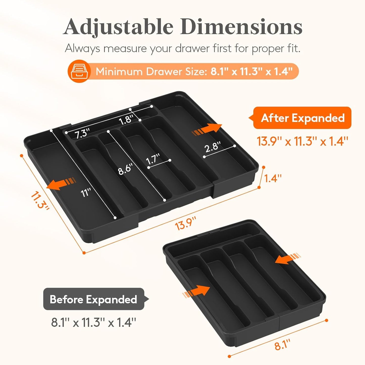 Lifewit Silverware Drawer Organizer, Expandable Utensil Tray for Kitchen, BPA Free Flatware and Cutlery Holder, Adjustable Plastic Storage for Spoons Forks Knives, 11-18 x 14", Black