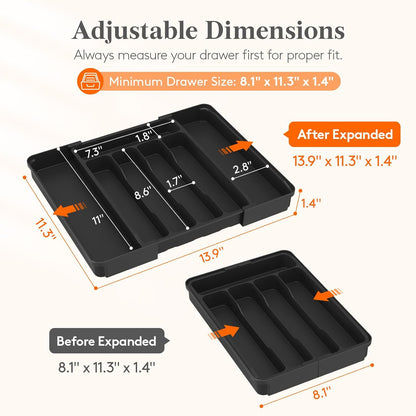 Lifewit Silverware Drawer Organizer, Expandable Utensil Tray for Kitchen, BPA Free Flatware and Cutlery Holder, Adjustable Plastic Storage for Spoons Forks Knives, 11-18 x 14", Black