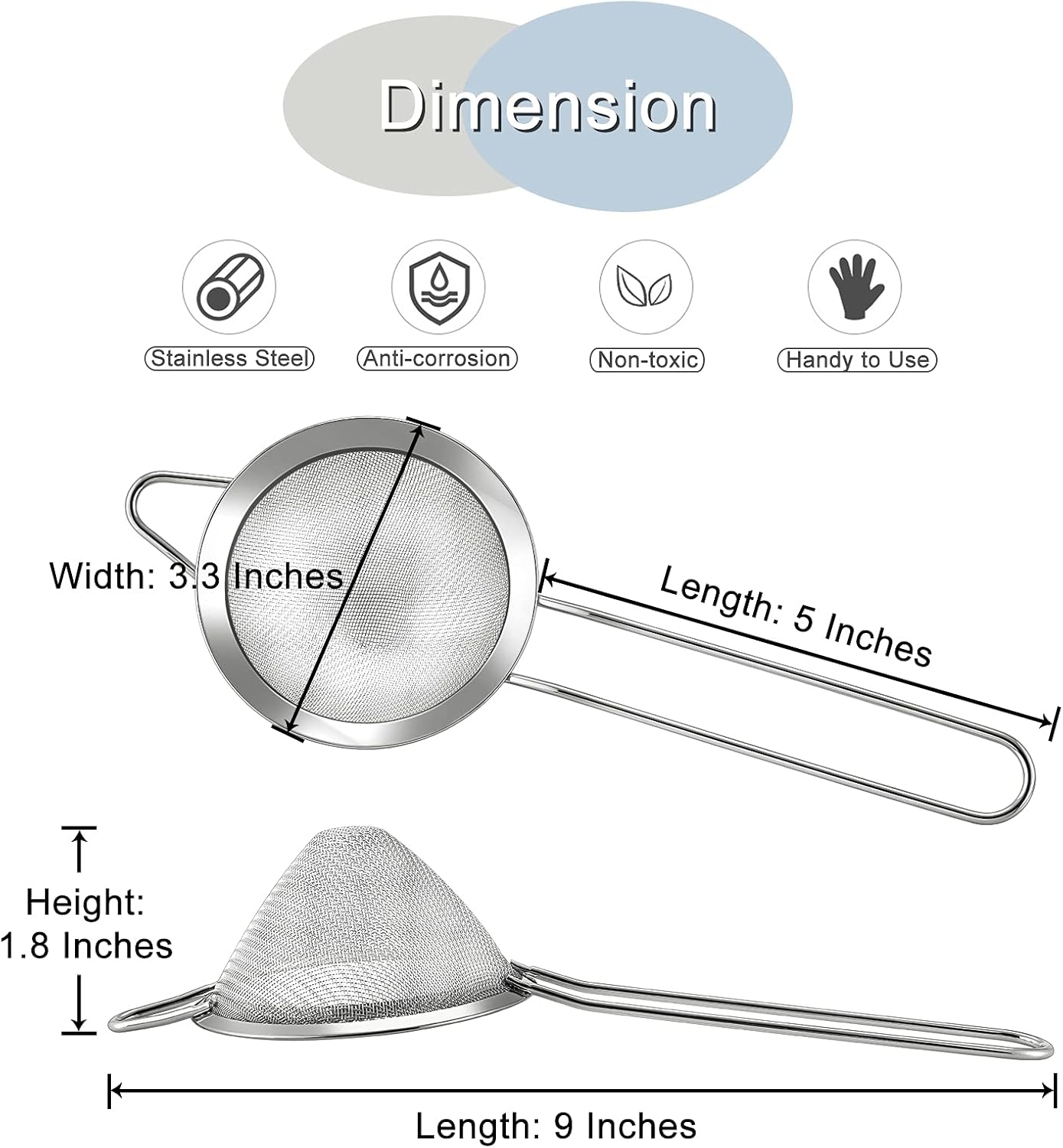 E-far Fine Mesh Strainer Set of 2, 3.3 Inches Stainless Steel Tea Strainer with Long Handle, Small Conical Mesh Strainers Sieve for Cocktail Coffee Food, Rust Proof & Easy to Clean (Silver)