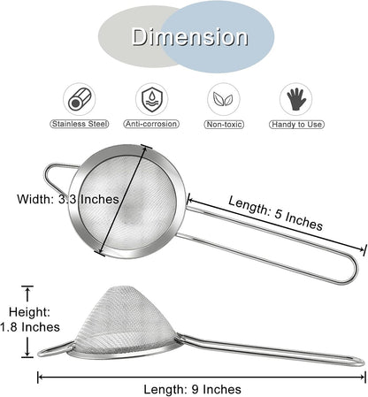 E-far Fine Mesh Strainer Set of 2, 3.3 Inches Stainless Steel Tea Strainer with Long Handle, Small Conical Mesh Strainers Sieve for Cocktail Coffee Food, Rust Proof & Easy to Clean (Silver)