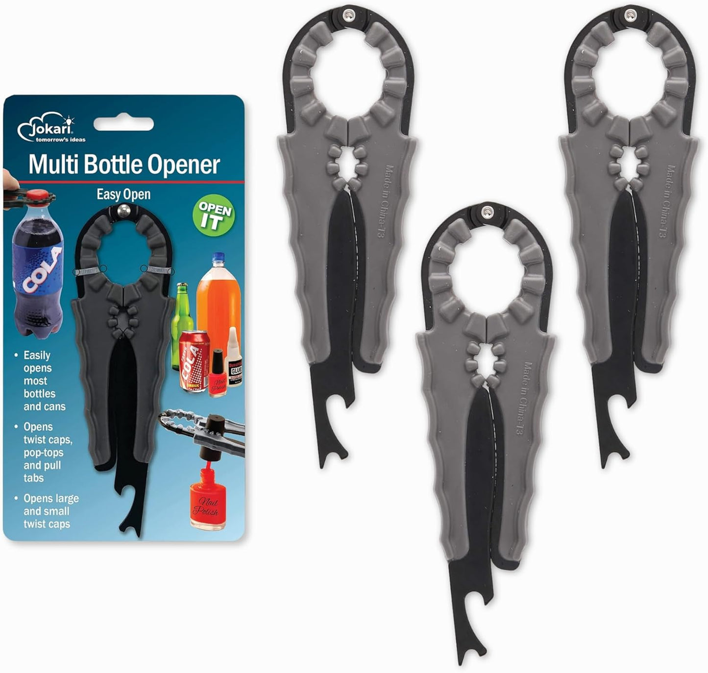 Jokari Multi Bottle Opener for Jars Bottles and Cans 3 in 1 Easy Grip Lid Opener for Weak Hands Twist Caps Pull Tabs Pop Tops and Small Lids Arthritis Aid Manual Kitchen Tool Black