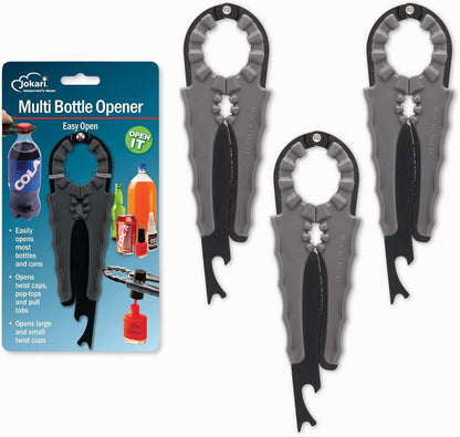 Jokari Multi Bottle Opener for Jars Bottles and Cans 3 in 1 Easy Grip Lid Opener for Weak Hands Twist Caps Pull Tabs Pop Tops and Small Lids Arthritis Aid Manual Kitchen Tool Black
