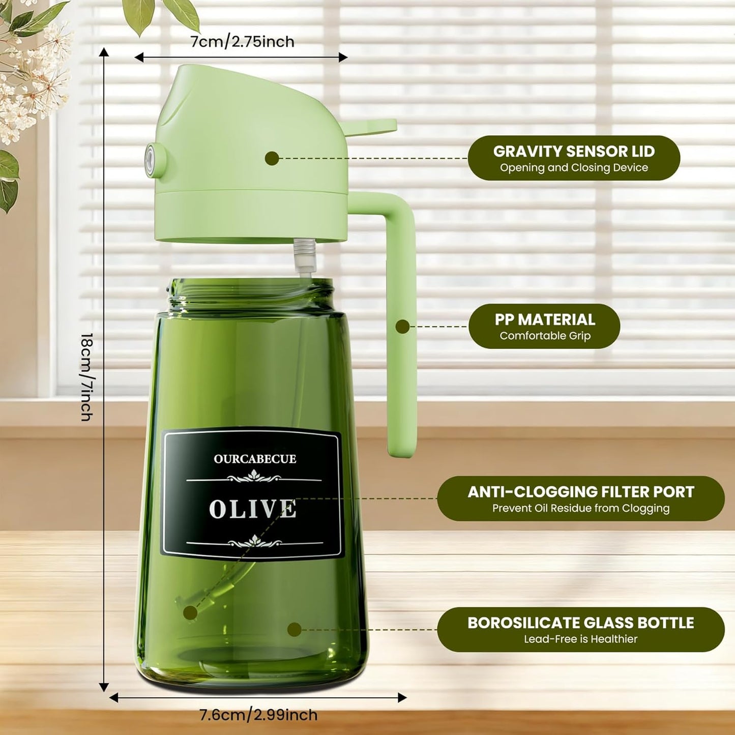 OURCABECUE 2 in 1 Olive Oil Sprayer for Cooking, 16oz/470ml Light-Blocking Dark Olive Oil Dispenser Bottle for Kitchen, Food-Grade Glass Oil Mister with 8 Oil Stickers