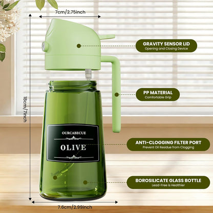 OURCABECUE 2 in 1 Olive Oil Sprayer for Cooking, 16oz/470ml Light-Blocking Dark Olive Oil Dispenser Bottle for Kitchen, Food-Grade Glass Oil Mister with 8 Oil Stickers