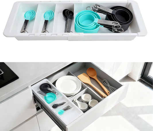 Expandable Measuring Cup Organizer & Measuring Spoon Organizer for Deep Drawers, 11.4''–18.1'' Adjustable Kitchen Drawer Organizer with 3 Dividers, Space-Saving Flatware Bin for Home & Kitchen