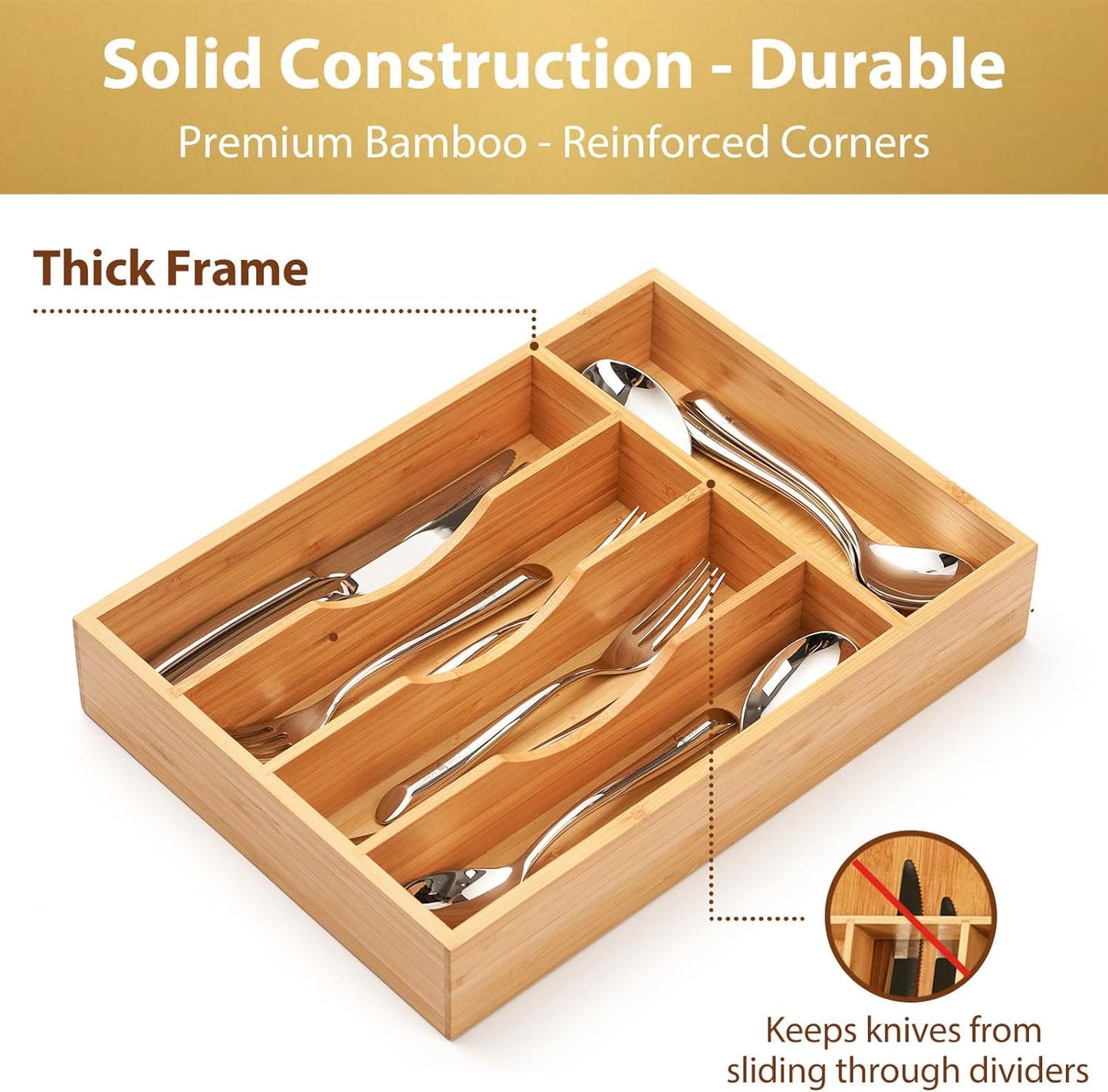 Umilife Bamboo Kitchen Drawer Organizer, 13 Inch Silverware Utensil Tray Holder, Extra Deep Grooved Drawer Divider, 7 Slots Total Bamboo Wood Caddy for Flatware Cutlery Knives, Forks, Spoons