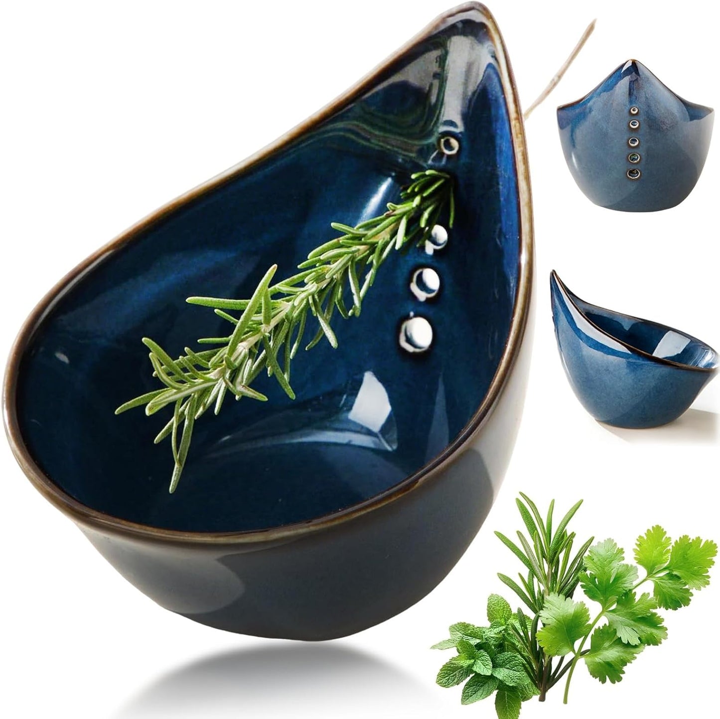 Pottery Herb Stripper Bowl, Teardrop Shaped Ceramic Herb Stripper, Handmade Leaf Remover with Different Sized Round Holes for Parsley, Cilantro, Rosemary & Salad Cooking(Blue)