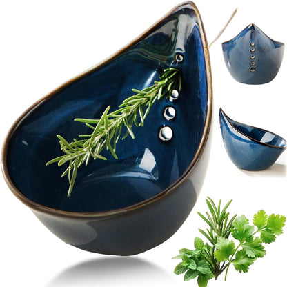 Pottery Herb Stripper Bowl, Teardrop Shaped Ceramic Herb Stripper, Handmade Leaf Remover with Different Sized Round Holes for Parsley, Cilantro, Rosemary & Salad Cooking(Blue)