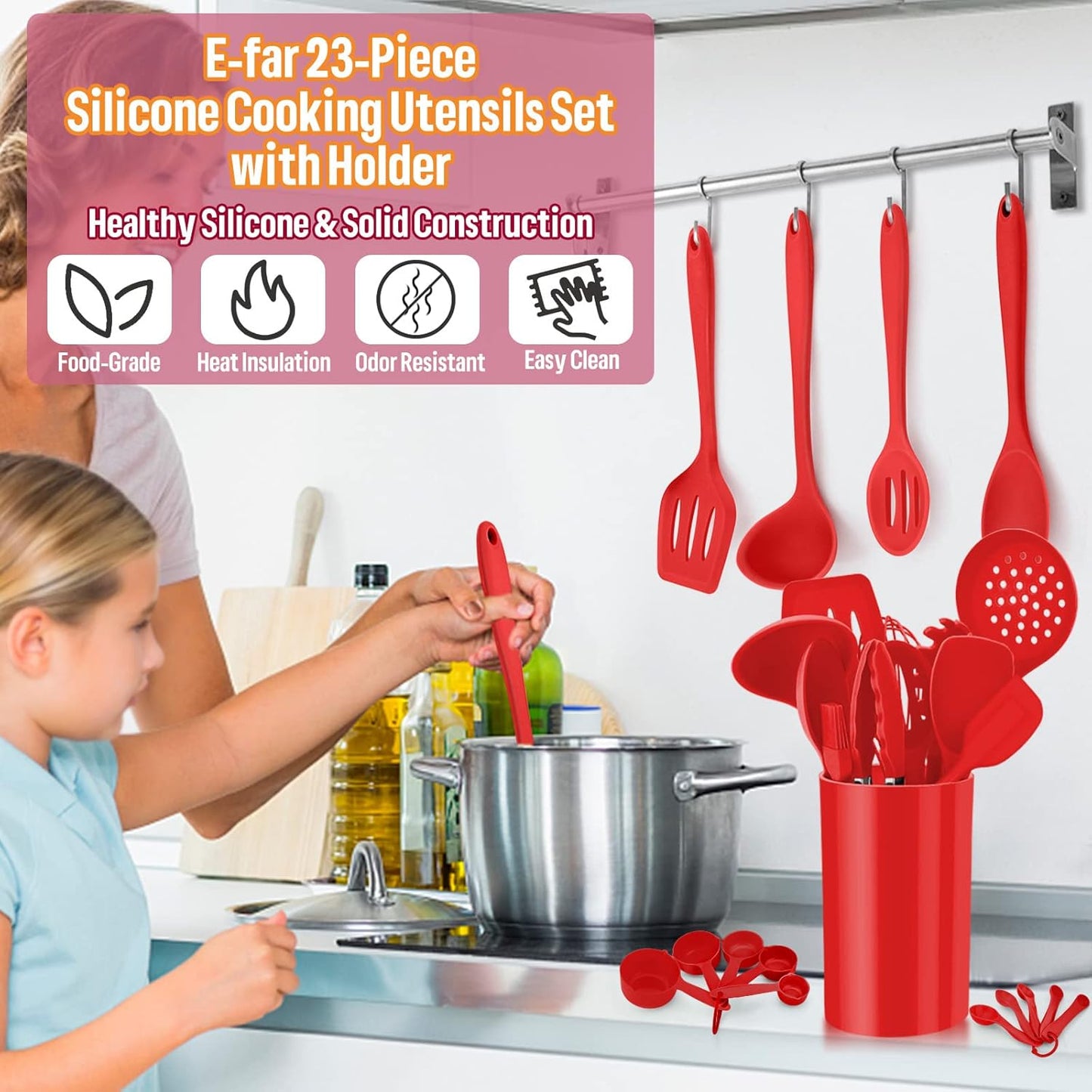 E-far Silicone Cooking Utensils Set, 7-Piece Black Heat Resistant Kitchen Utensils Set, Kitchen Nonstick Tools Spatula Ladle Spoon Pasta Server for Non-stick Cookware, Non-Toxic & Dishwasher safe