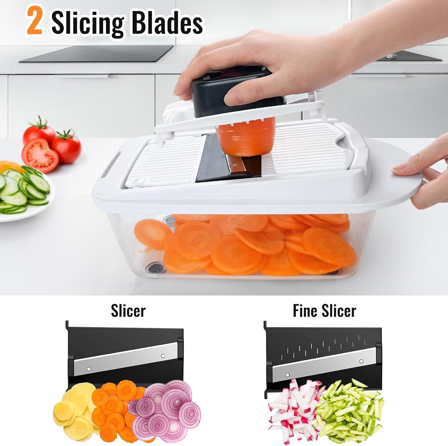 12 Blade All-in-1 Vegetable Chopper Mandoline Slicer with Container, Spiralizer with Containers, Food Chopper, Onion Chopper, Veggie Cutter for Salad, Kitchen Gadgets Accessories Essentials, White