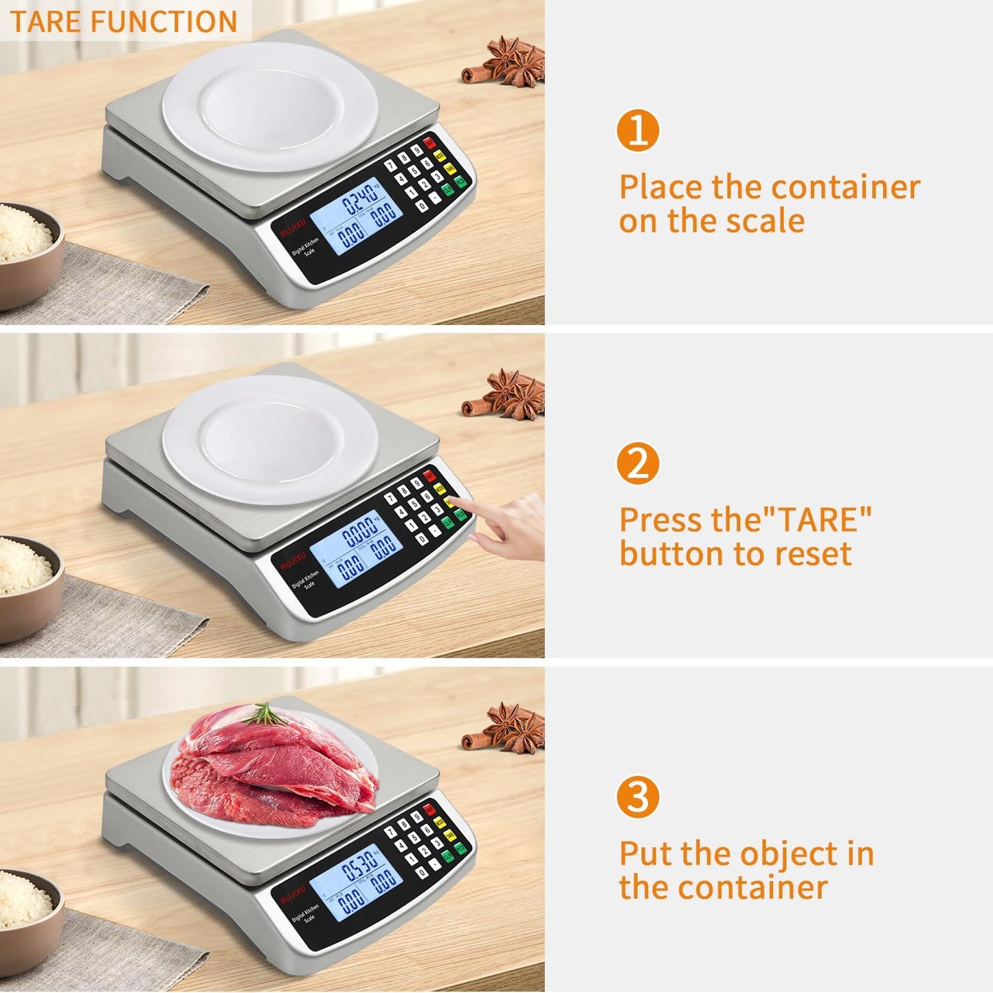 Large Digital Kitchen Scale 30KG Commercial Food Scale 66LB for Baking Bread Meat Stainless Steel Price Computing Scale LCD Display,Prep Counting Scale for Parts and Coins Adapter Included