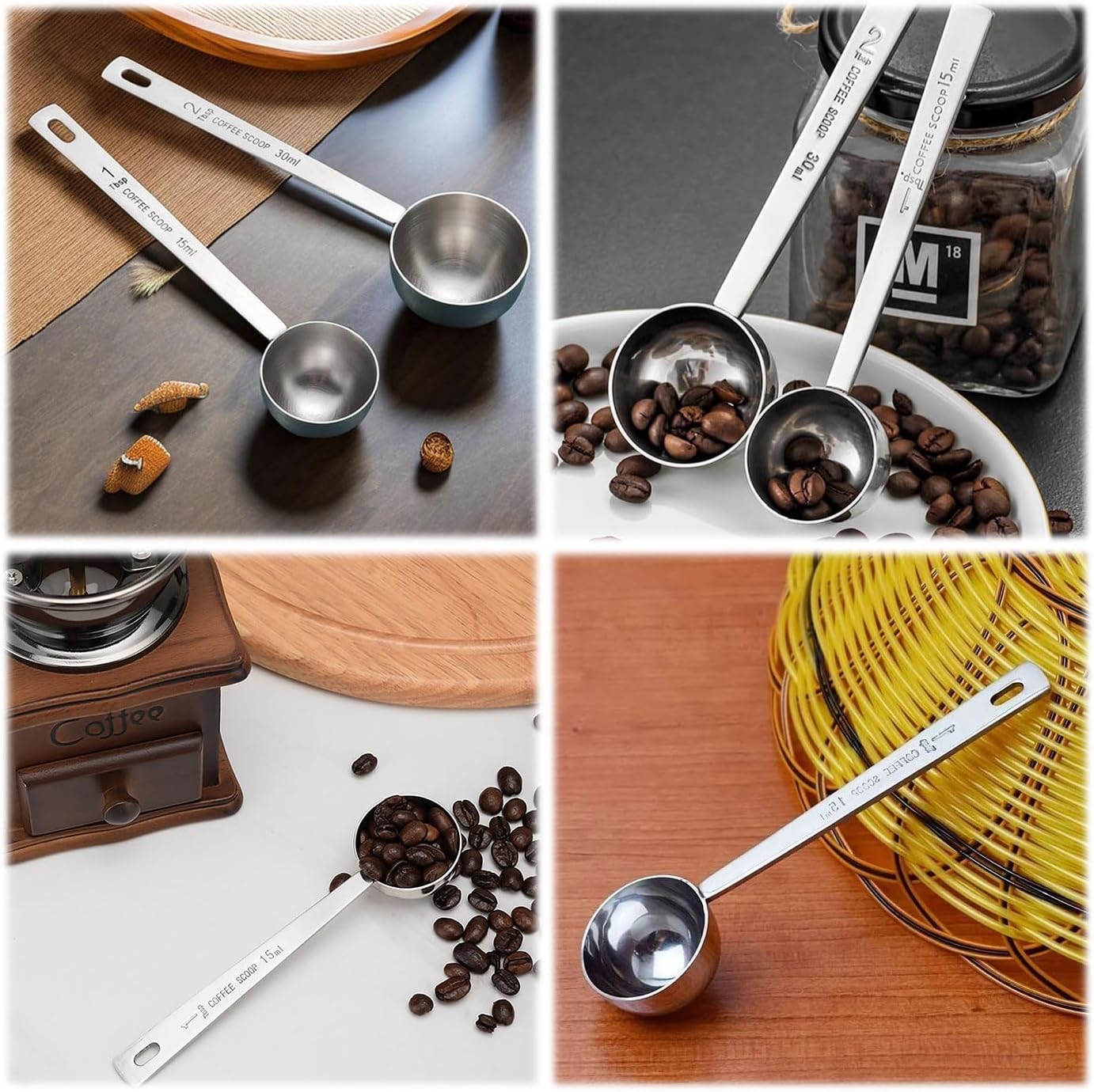 2 Pieces Coffee Scoop Set, Long Handle 304 Stainless Steel Coffee Measuring,1 Tablespoon 15ml 2 Tablespoons 30ml for Ground Coffee Tea Sugar or Flour Silver
