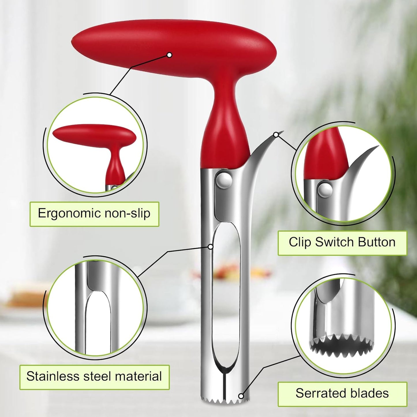 Apple Corer Tool with Sharp Serrated for Pears,Premium Apple Core Remover,Easily Core Fruits,Fruit Flesh Separator Apple Core Puller（Red）