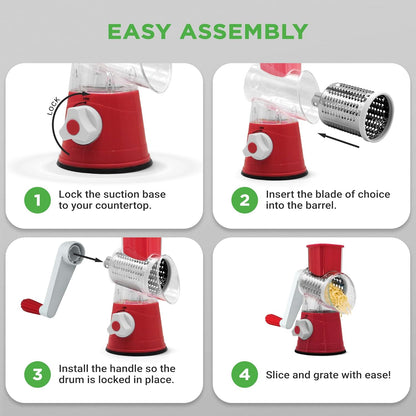 Nutrichef 3 in 1 Cheese Grater & Shredder | Strong Suction Base, Rotary Handle with Safety Lock | Includes Cleaning Brush, Hand Crank & 3 Drum Blades for 3 Textures, Fine, Medium & Strips | Black