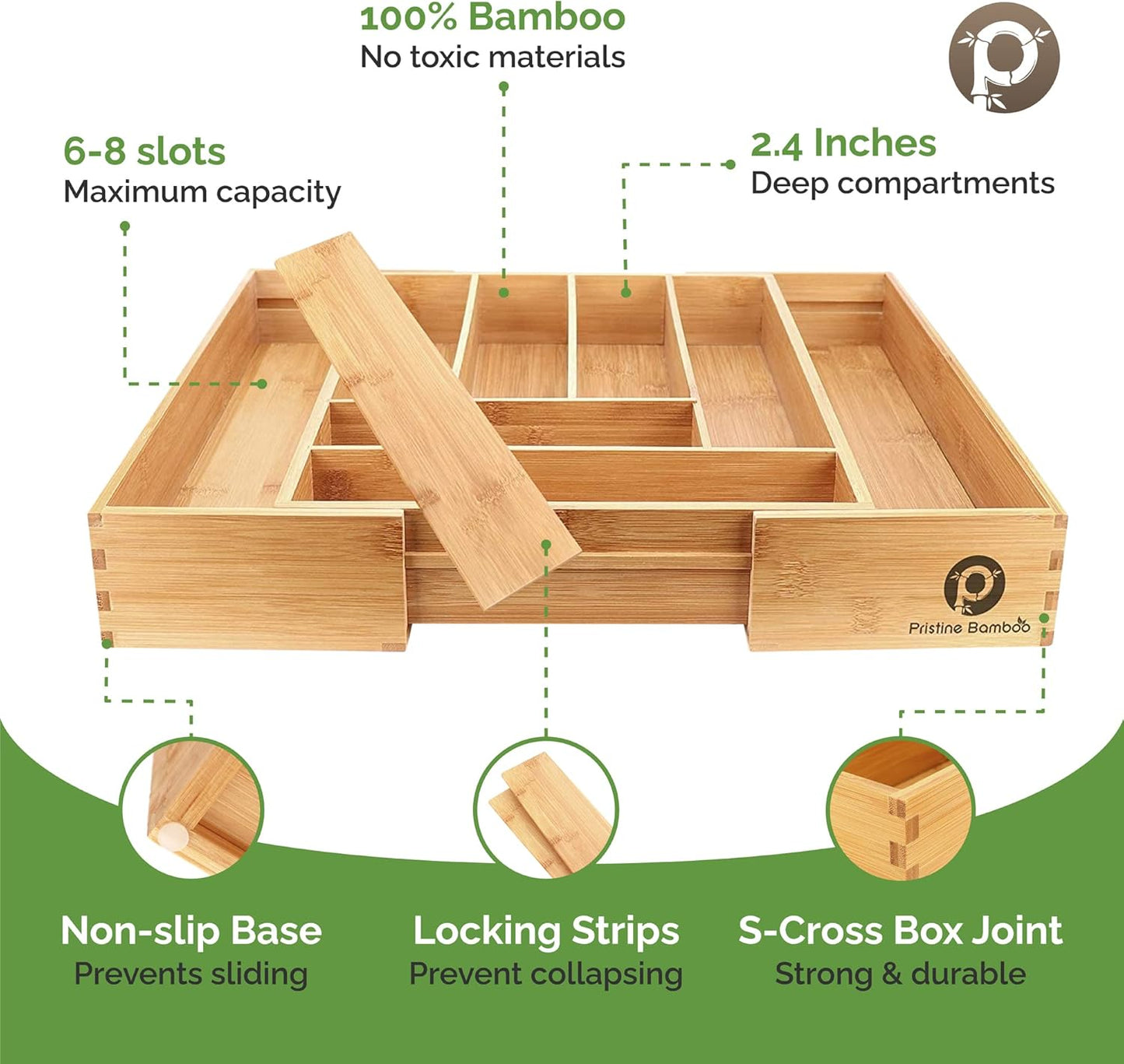Pristine Bamboo Silverware Organizer - Small Extra-Deep Wooden Kitchen Drawer Organizer Divider for Spoons, Forks, Knives & Cutleries - 5 Slots