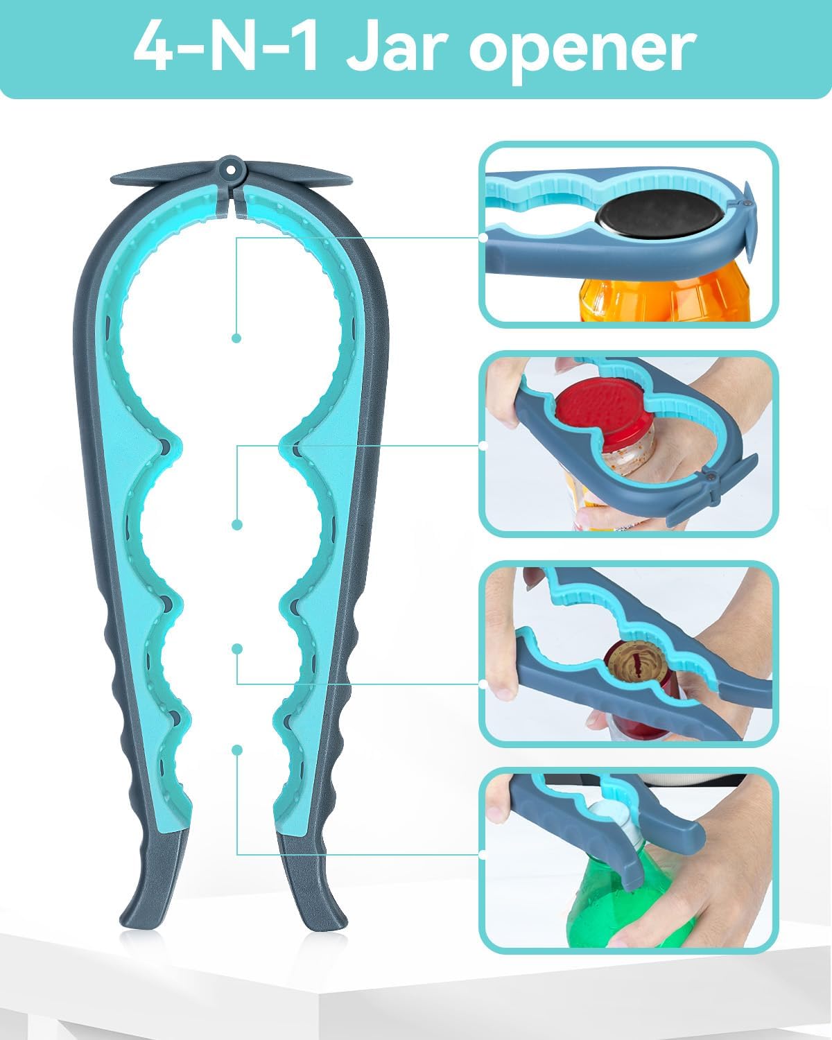 Jar Opener 3-Piece Set for Seniors with Arthritis, Multi-Function Can and Bottle Opener for Weak Hands, Ergonomic Non-Slip Kitchen Tool Set, Easy-to-Use, Thoughtful Gift for Elderly