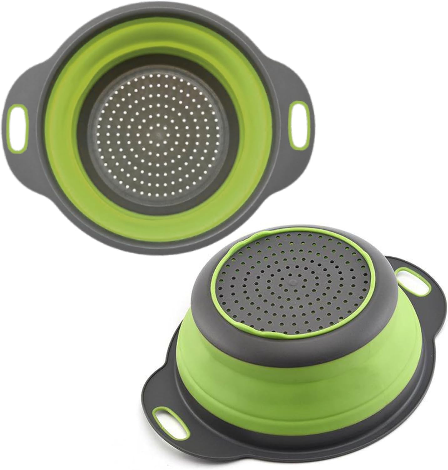 Green Kitchen Strainer Colander Set - 2 PCS Multifunctional Colander Silicone Food Strainers for Kitchen for Pasta and Spaghetti Collapsible with Plastic Handles
