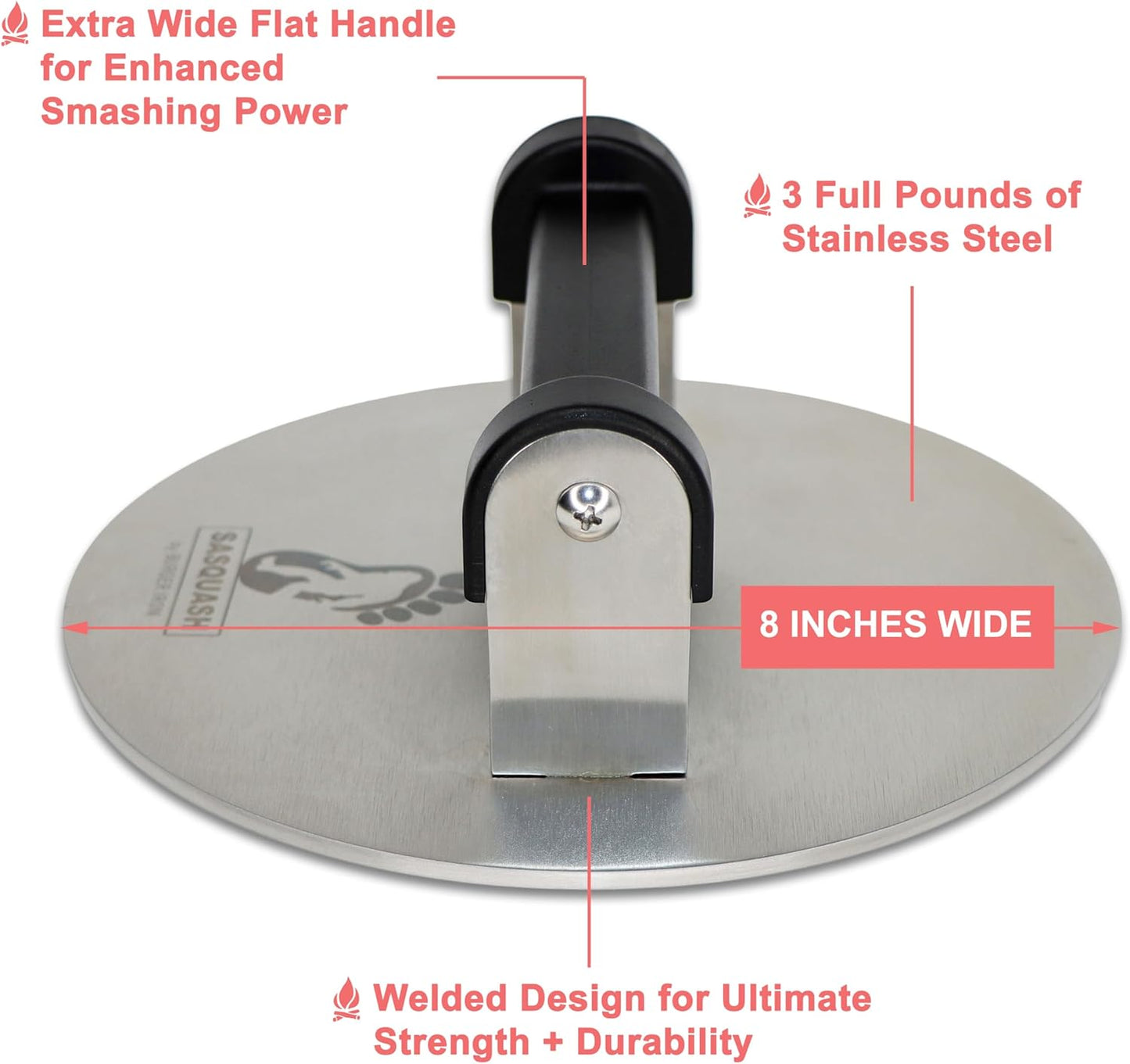 Sasquash Smash Burger Press, Bigfoot 8 Inch Burger Press, 3 Plus Pound Stainless Steel, Heavy Hamburger Smasher Tool, Round for Griddle, Grill, Flat Top, Sandwiches, Steak, Grilling Accessories