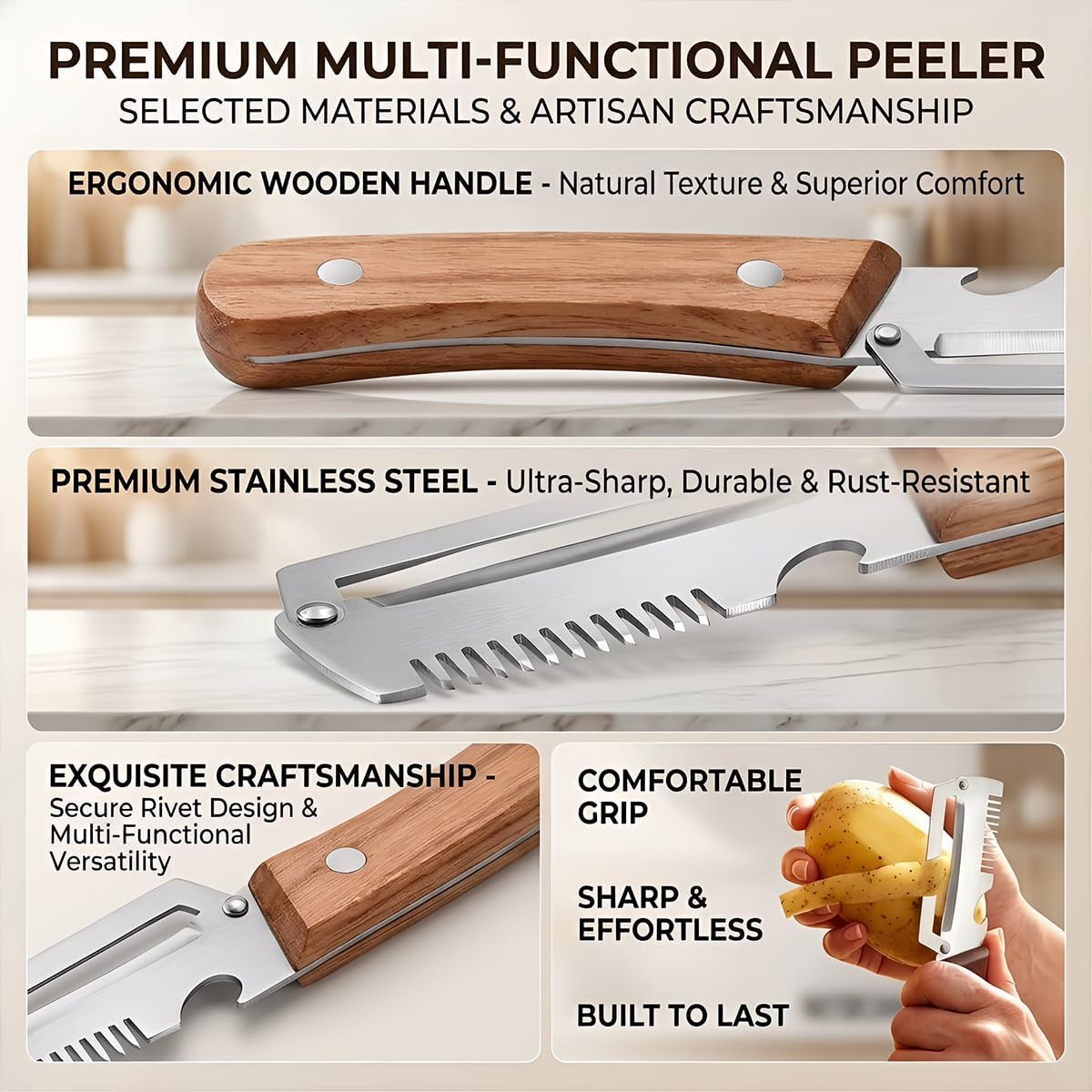Vegetable Peeler for Kitchen – Multifunctional Stainless Steel Peeler with Wooden Handle & Bottle Opener, Durable for Fruits and Vegetables