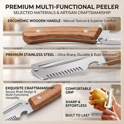 Vegetable Peeler for Kitchen – Multifunctional Stainless Steel Peeler with Wooden Handle & Bottle Opener, Durable for Fruits and Vegetables