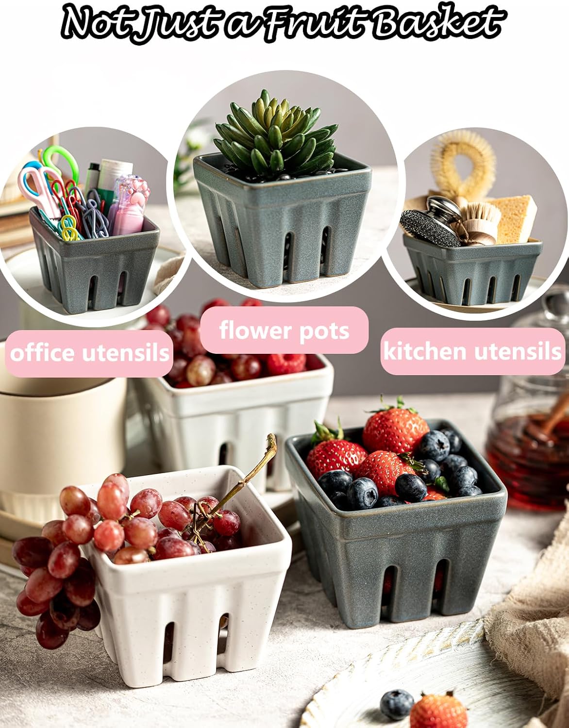 Gomakren Ceramic Berry Basket Set of 2, Round Fruit Bowl with Holes, Fruit Storage Containers for Fridge, Small Fruit Basket for Kitchen Counter, Berries, Strawberry, Mothers Day Gifts, White