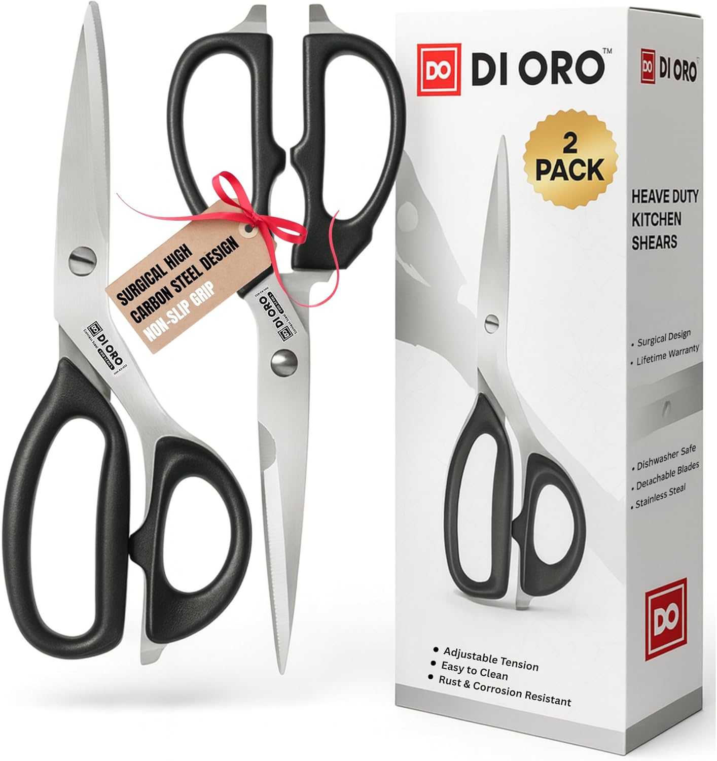 DI ORO Heavy Duty Kitchen Shears - All Purpose - Sharp Scissors for Food, Meat, & Herbs - Stainless Steel Kitchen Shears Heavy Duty & Dishwasher Safe - Bone Cutting Scissors
