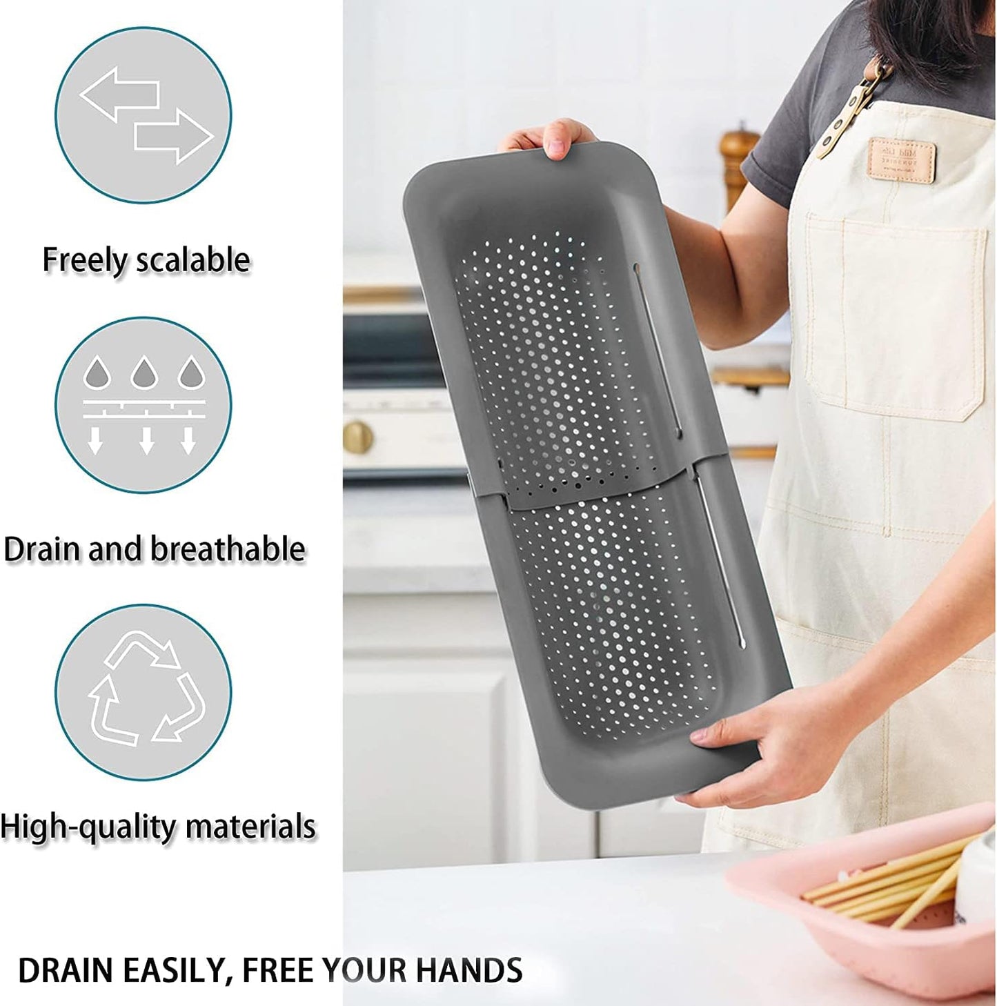 Collapsible Sink Colanders and Strainers Basket Over the Sink Colander Collapsible Colander Extendable Plastic Fruit Vegetable Strainer Drainer Basket for Kitchen (Length 14.3 inch-19.4 inch) (White)