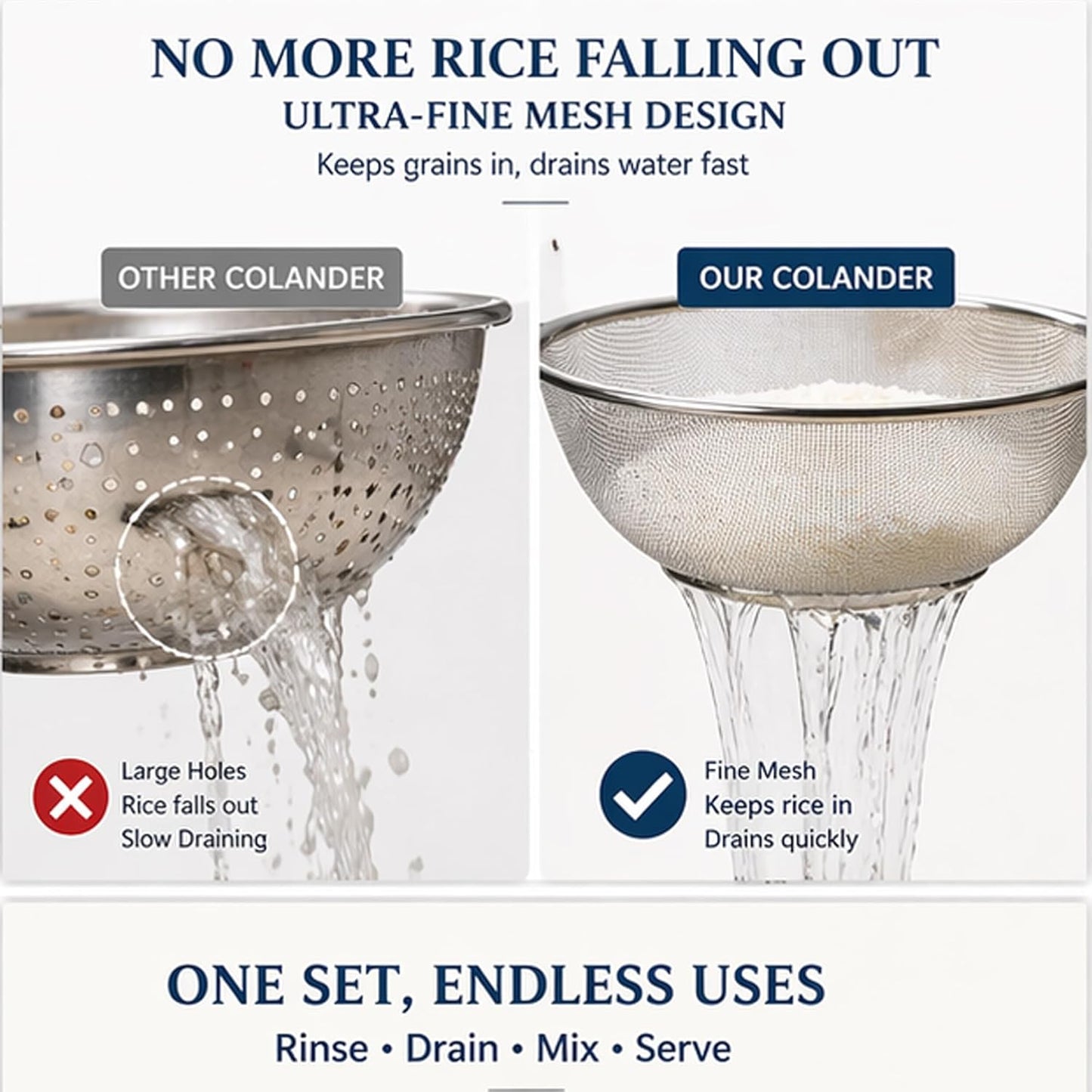 3.5QT Stainless Steel strainer bowl Set, Rice Washing Bowl with SUS304 Food Grade Metal Mixing Bowl with Measurement Marks, Large Fruit Washing Bowl for Rice, Quinoa, Pasta, Vegetables,2 Pack