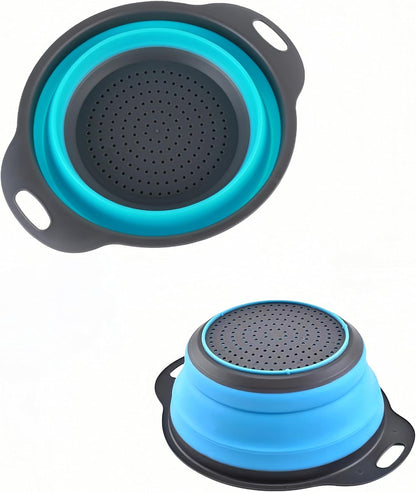 2Pack Blue Round Collapsible Colander,Plastic Handles Silicone Kitchen Strainers Foldable Kitchen Strainer,Perfect for Draining Pasta Vegetable and Fruit for Home Cooks