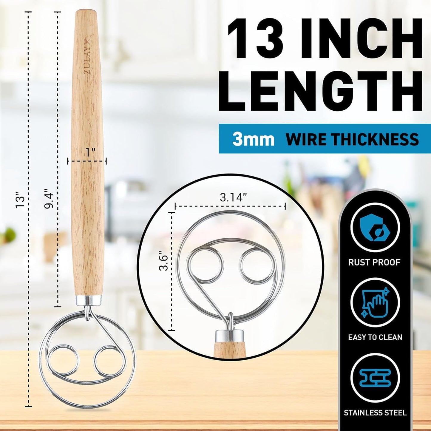 Zulay Kitchen 13-Inch Danish Dough Whisk - Stainless Steel Wooden Whisk with Dough Hook - Sourdough Whisk for Bread, Pizza, Pastry, Cake Batter & More - Wood