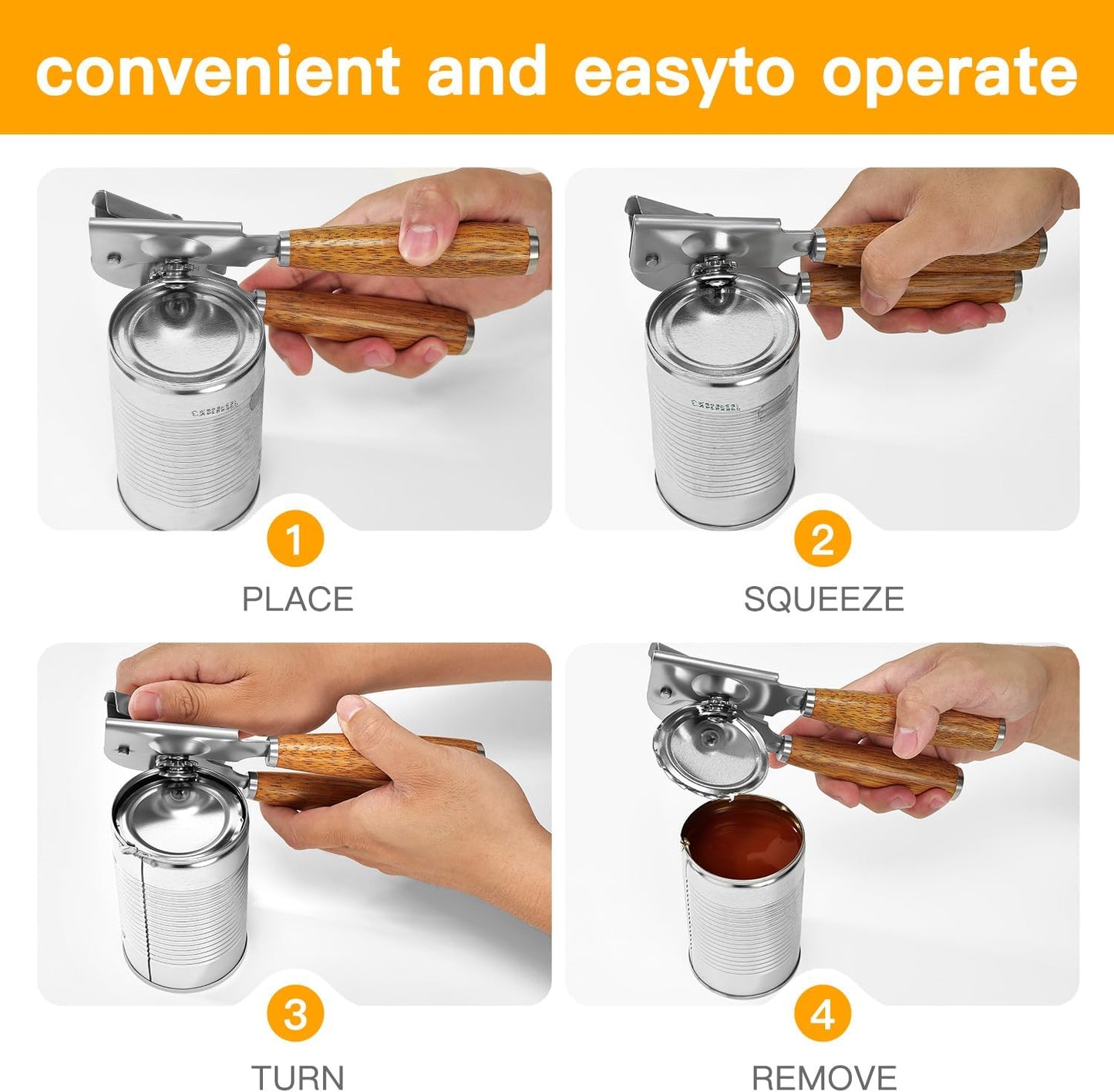 Upgraded Efficient Manual Can Opener - Selected Solid Wood Handle, Sharp and Smooth Blade Edge, Portable Design, Easy-Open Large Knob, Versatile for Various Bottle Caps（Rosewood）