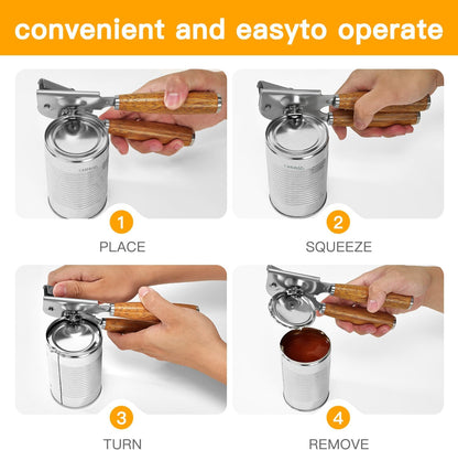 Upgraded Efficient Manual Can Opener - Selected Solid Wood Handle, Sharp and Smooth Blade Edge, Portable Design, Easy-Open Large Knob, Versatile for Various Bottle Caps（Rosewood）