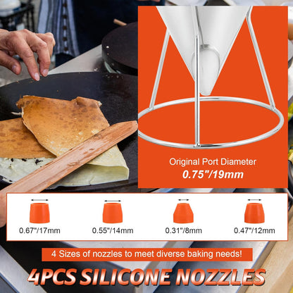 NATGAI 40OZ Stainless Steel Pancake Batter Dispenser, Multi-Caliber Funnel Cake Dispenser with Stand, Fit for Pancakes, Cupcakes, Waffles, and Baked Goods (1200ML/40OZ with 4PCS Silicone Nozzles)