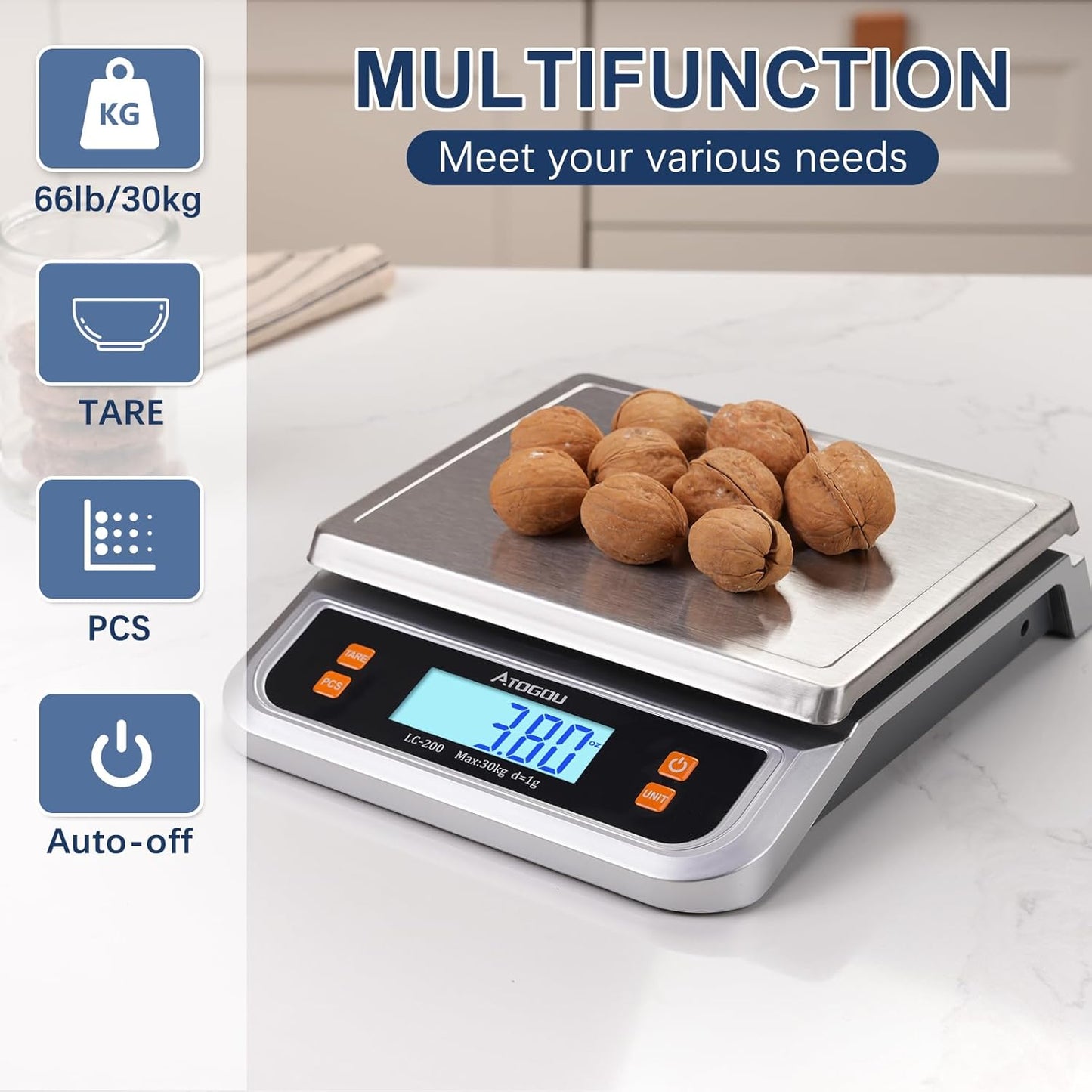 Atogou 88lb Commercial Digital Kitchen Scale 40kg/1g, with 6 Units Conversion, Stainless Steel, LCD Display, AA Battery or Plug-in Use for Baking, Bread, Cooking, Meat LC200 Grey
