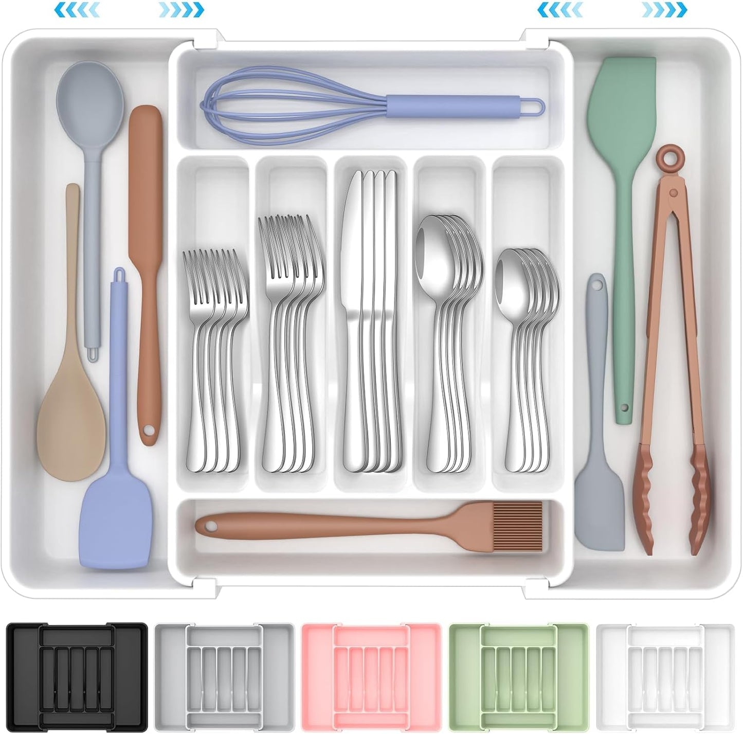 ukeetap Extra Large Expandable Silverware Organizer, BPA-Free Food-Safe Cutlery Flatware Organizer, Kitchen Utensil Drawer Organizer, Adjustable Silverware Holder for Spoons Forks Knives, Black