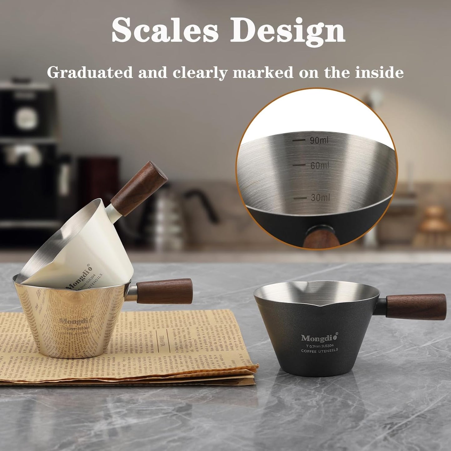 Mongdio Espresso Measuring Cup, Stainless Steel Espresso Shot Cups with Wooden Handle and Double Spouts, 6.8OZ/200ML, White