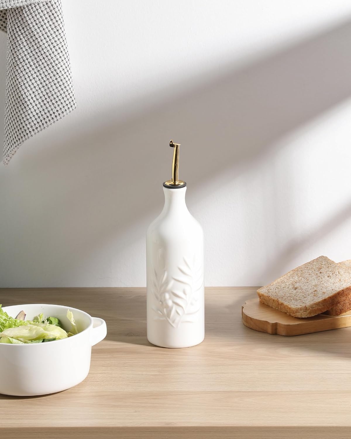 Sweejar Ceramic Olive Oil Dispenser Bottle 20 Oz Relief Opaque Oil Cruet Protects To Reduce Oxidation Suitable for Storage Vinegar, Soy Sauce, Coffee Syrup, Liquids, Set of 1 (Beige Gold Spout)