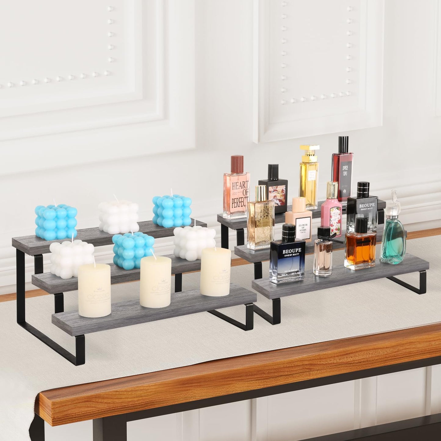 YINMIT Wooden Display Riser Stand, Tiered Perfume and Cologne Organizer Stand, 4 Tier Spice Rack Organizer, Rustic Display Shelf for Candles (4 Tier)