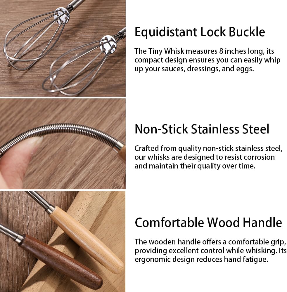 Stainless Steel Mini Whisk 2 Pcs, Small Wire Whisks Set with Wooden Handle, Kitchen Egg Beater Mini Hand Mixer for Cooking, 7.8inch