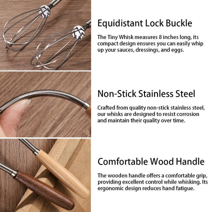 Stainless Steel Mini Whisk 2 Pcs, Small Wire Whisks Set with Wooden Handle, Kitchen Egg Beater Mini Hand Mixer for Cooking, 7.8inch