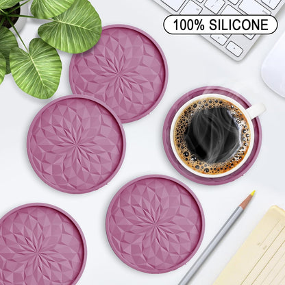 ME.FAN Silicone Coasters with Holder,[6 Pack] Drinking Coasters - Cup Mat for Hot or Cold Drinks, Thickened, Non-Slip, Non-Stick,Deep Tray Black