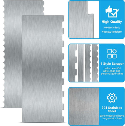 2 Pieces 8.7 Inche Stainless Steel Cake Scraper Double Sided Patterned Edge Stripe Edge Smoother Frosting Scraper Cake Decorating Cake Decorating Comb Cake Scraper For Butter Cream Mousse(2, 2)