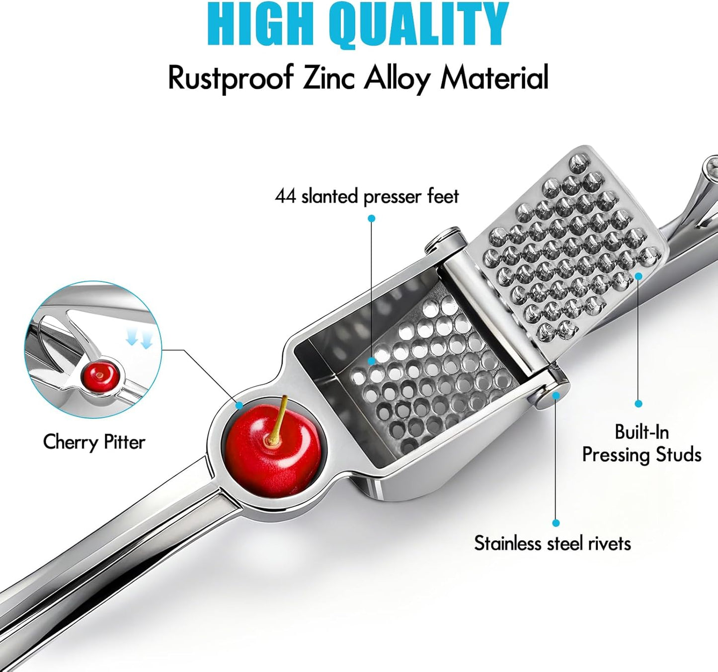 Garlic Press, Premium Metal Garlic Mincer Tool, Heavy Duty Garlic Crusher with Ergonomic Handle, Rust Proof & Dishwasher Safe, Easy to Squeeze and Clean -Silver
