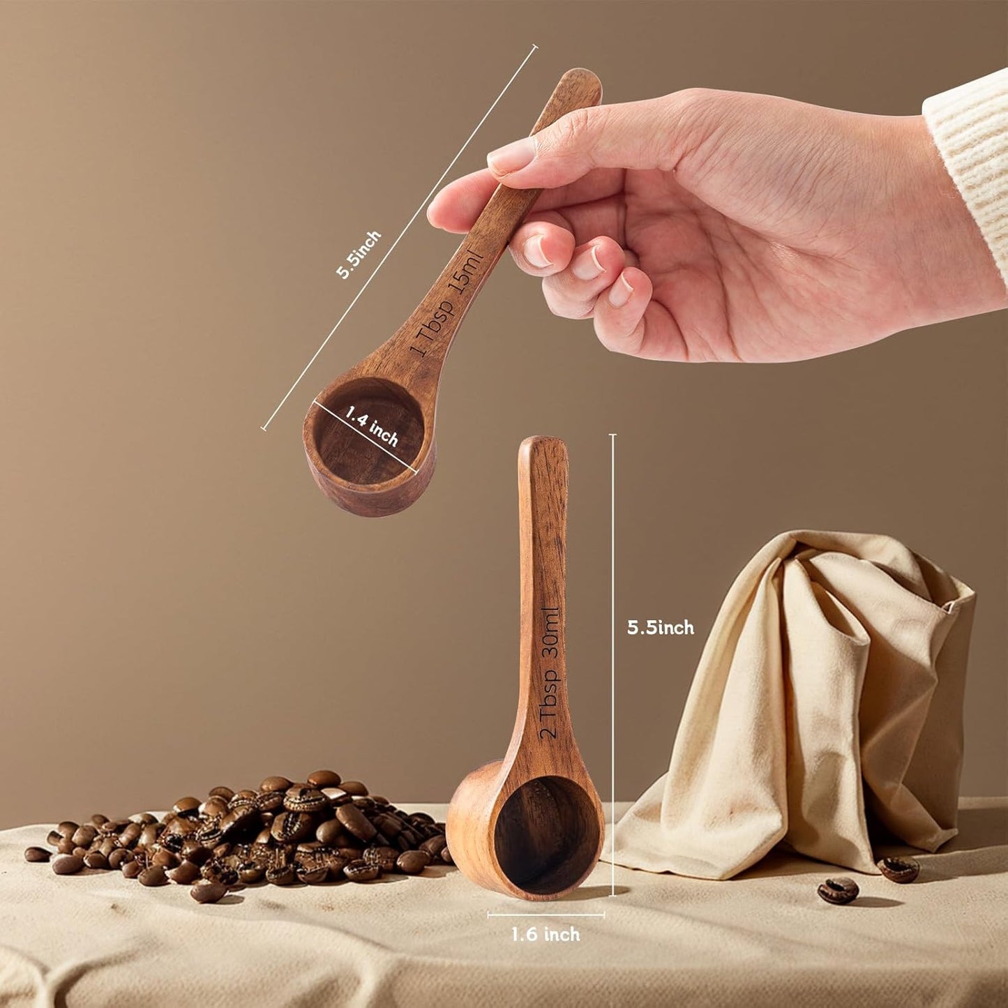 Wood Coffee Scoop-4 Pieces Wooden Scoops for Jars Small Measuring Spoons for Ground Coffee,Tea,Sugar,Seasoning-Multipurpose Wooden Scoop for Jars,Canisters,Bath Salts,Laundry Detergent(Acacia Wood)