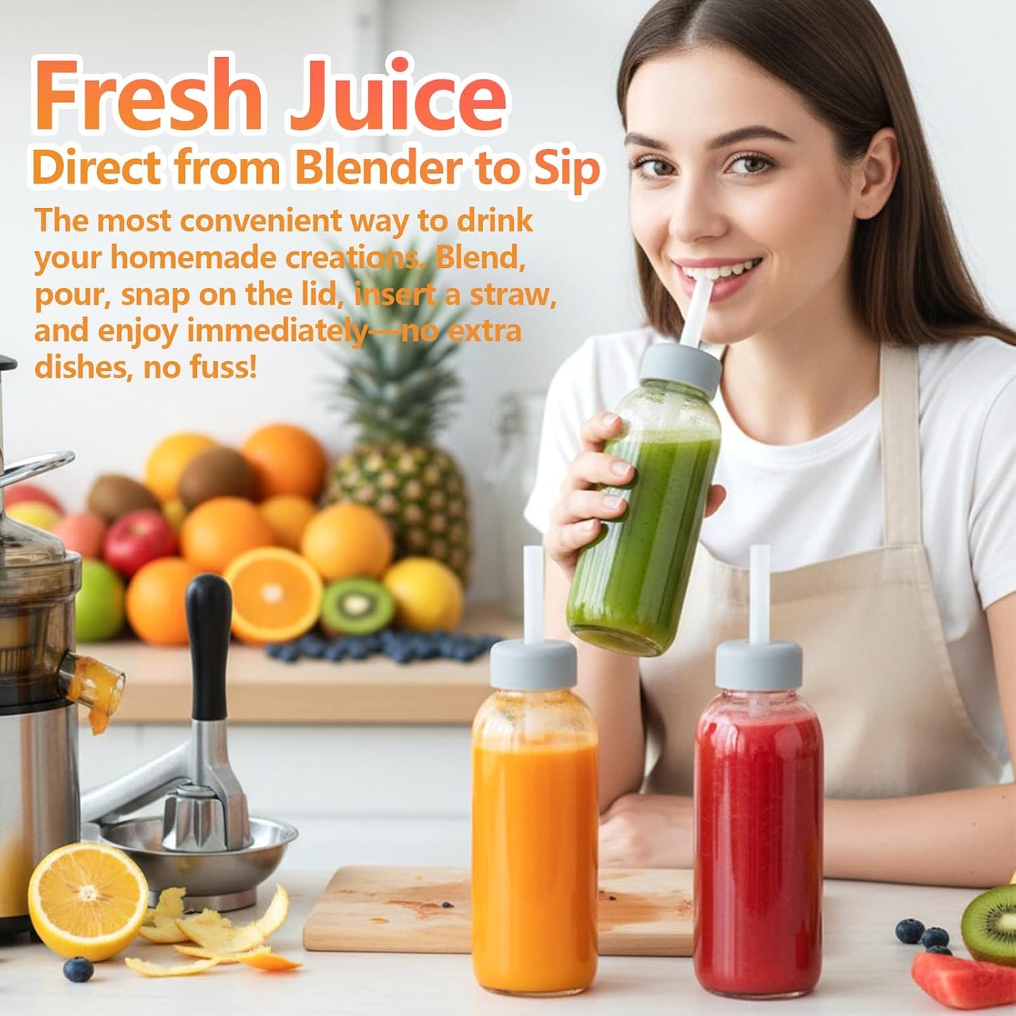 Zukro 12 oz Glass Juice Bottles with Lids & Straw, Airtight & Leak proof, Reusable Clear Small Bottle With Stainless Steel Cap for Juicing, Water, Smoothie & Milk, Dishwasher Safe & BPA Free, 12 Pack