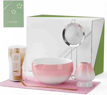ZENS Pink Matcha Set, Matcha Whisk Set Includes 15oz Ceramic Bowl & (Chasen Holder), Bamboo Whisk & Scoop, Sifter and Pink Tea Towel, 6pcs Matcha Kit for Matcha Lovers